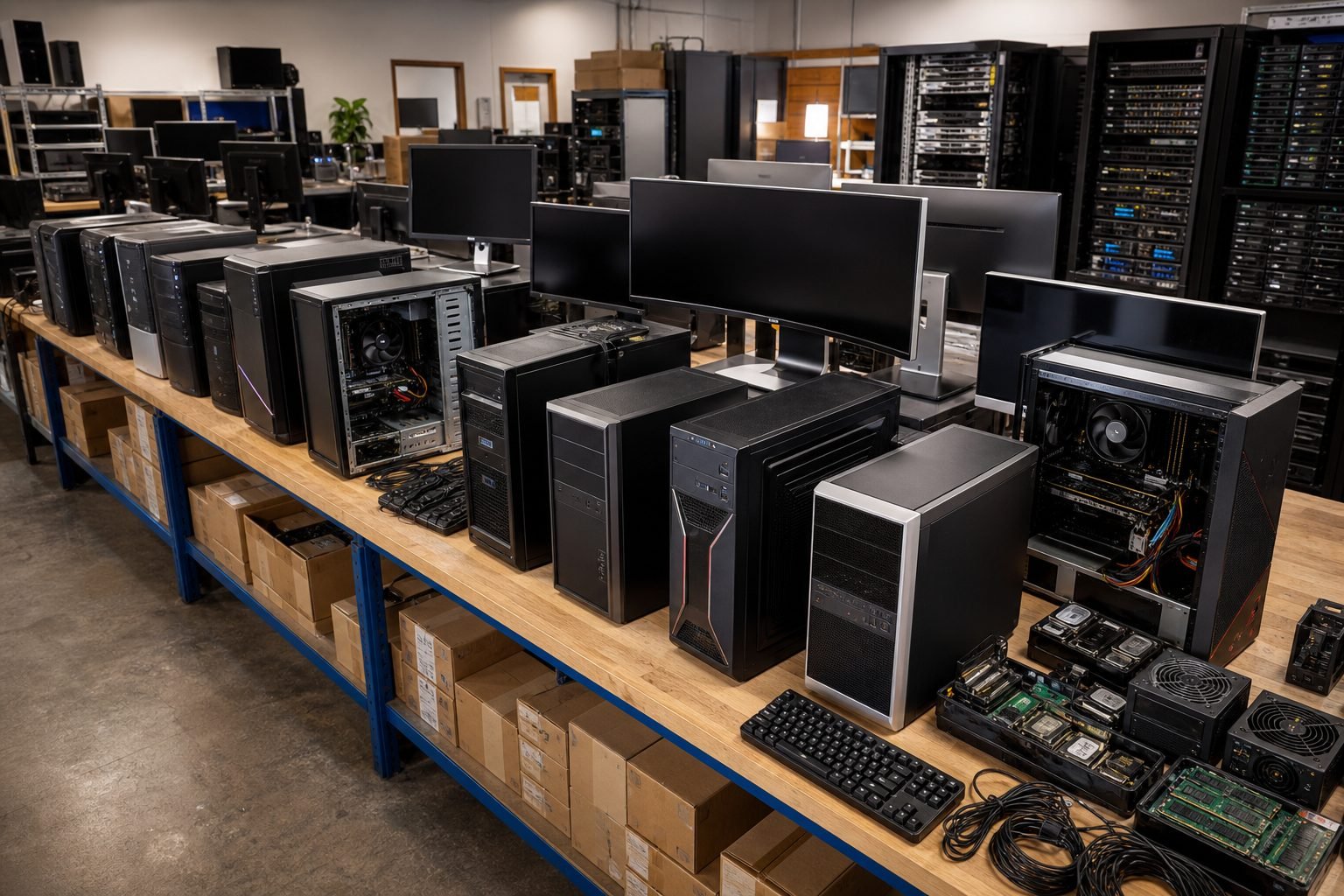Assorted wholesale computer hardware: PCs, monitors, components and servers