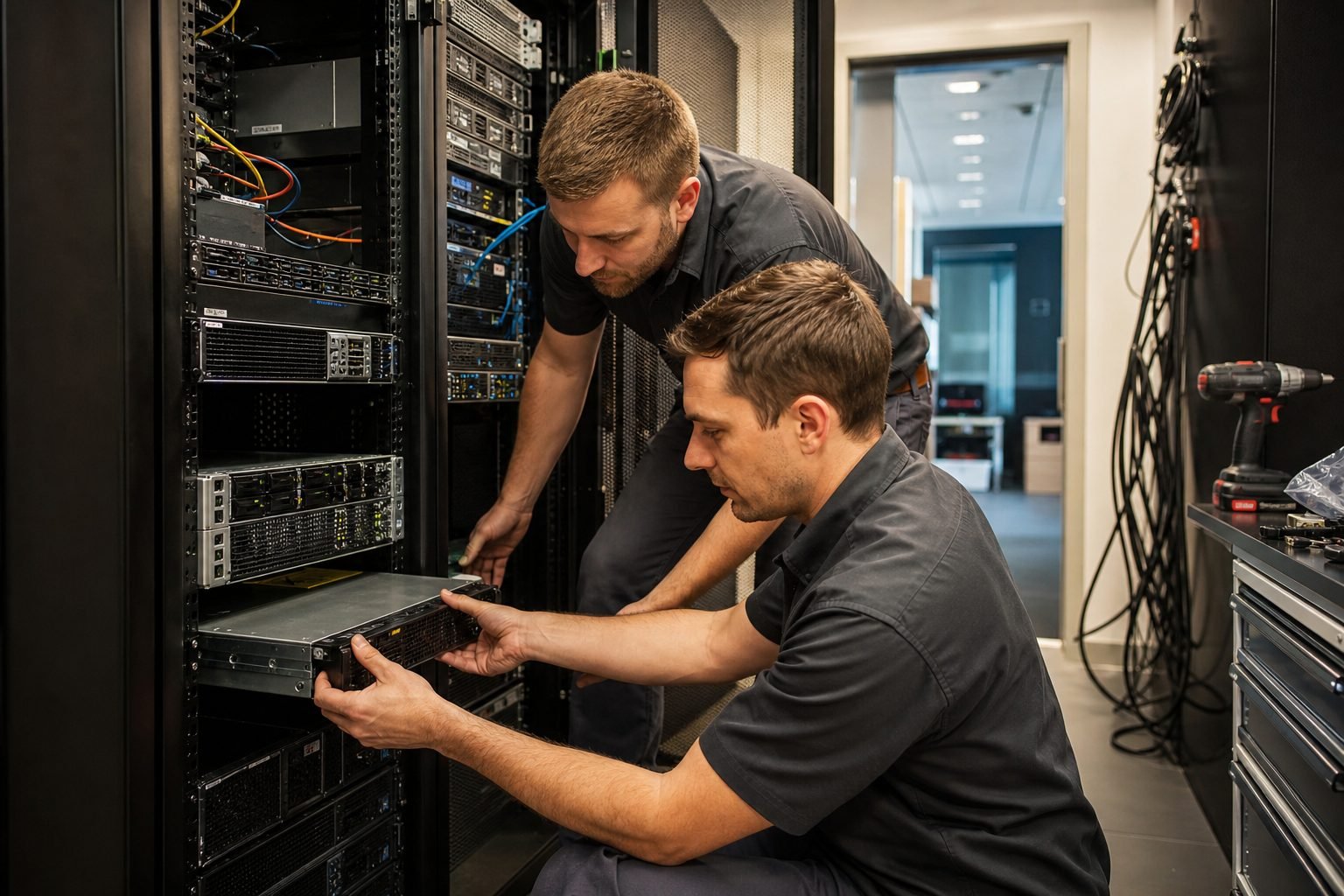 Technicians installing rack servers for business IT maintenance